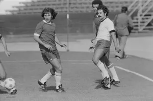 Brazilian football star Zico in a training session with teammate Rivelino ahead of their