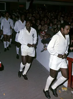 Brazilian footballer Pele playing for his club side Santos November 1969