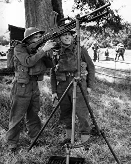 Bren guns being used in anti-air exercises by British Home Guard. August 1941