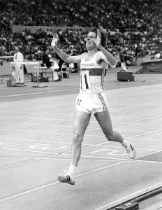 Brendan Foster breasts the tape to win the 5000 metres race at the aA Championships