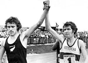 Brendan Foster holds up Rod Dixons arm after a race in Gateshead in July 1975