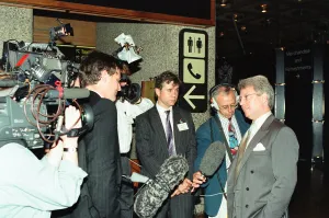 Brian Basham former British Airways PR consultant seen here being interviewed after
