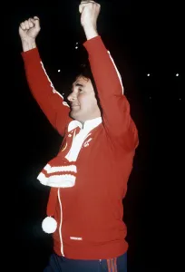 Brian Clough football manager celebrating after his Nottingham Forest team had beaten