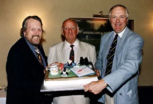 00123 Prints: Brian Johnston Radio cricket commentator receives an 80th birthday cake from cricket fans