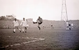 Brian Pop Robson shoots for goal during the Newcastle United v Ujpest Dosza Fairs cup