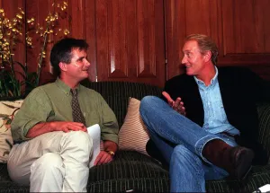 Brian Reade Mirror journalist chatting to actor Charles Dance in London today