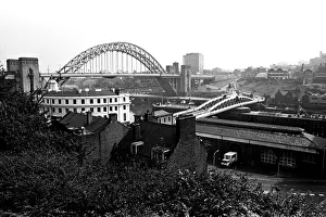 Bridges Prints: The Bridge Hotel, Newcastle, manager Bert Young and customers admire the view of the Tyne