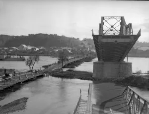 Bridge spanning the Dneister River blown up by the Austrian army during their retreat