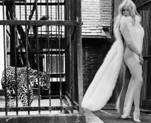 Brigitte Bardot French actress in skin tight catsuit with fur cape standing beside cage