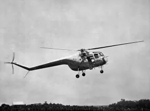 Air Shows Prints: Bristol Sycamore Helicopter put through its paces at the 1954 Farnborough Air display
