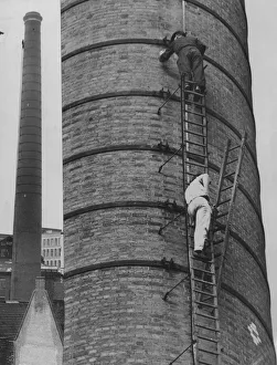 Ladders Prints: Bristol Times, steeplejacks at work on the chimney at the Fry factory in Duck Lane