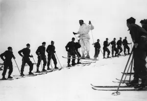 Britain army Number 3 Commando troops training on ski in the snowy mountain ranges