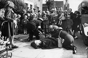 Casualties Prints: Britain prepares for war. A mock accident staged for training purposes shows medics
