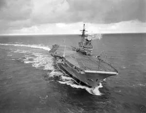 Britains newest Aircraft Carrier HMS Hermes undergoing a speed trial 1959