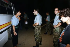 British aid worker Sally Becker argues with a soldier on her mercy drive from Mostar