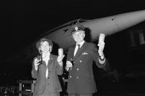 British Airways Concorde stewardess Carol Bryant and Concorde captain John Cookdrink
