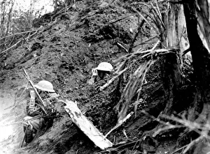 Binoculars Prints: British Army Western Front May 1918 Two artillery officers observing the fall of