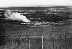 Somme Prints: British artillery shells seen bursting on the German front line trenches during the open