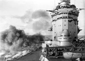 Battleship Prints: British battleship HMS Rodney of the Royal Navy firing her secondary armament of six inch