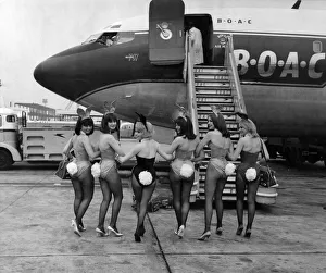 Six British bunny girls leaving London Airport for Chicago where they start a 4 month
