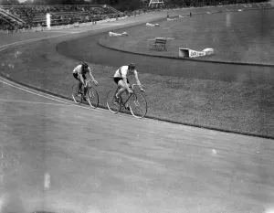 British cyclist Reg Harris wins a race in the 1948 Olympic Sprint Cycling event at Herne