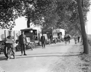 Lorries Prints: British Expeditionary Force supply column seen here in Northern France. September 1914