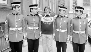 British Forces network disc jockey Tommy Vance with the Coldstream Guards August