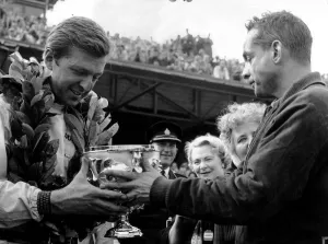 British Grand Prix Aintree July 1961 Wolfgang von Trips driver for Ferrari receives