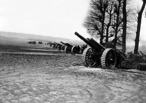 Core18 Prints: British guns line up ready for the final push into Germany during World War One. 1918