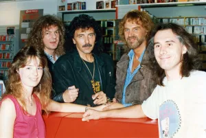 British heavy metal group Black Sabbath visit the Our Price record store in Manchester to