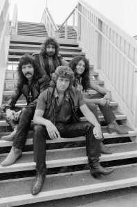 British heavy metal rock group Black Sabbath pictured before their performance at the NEC