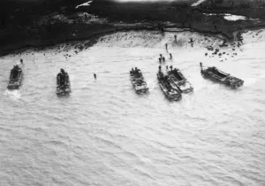 British and Indian troops landing on the banks of the Rangoon River during Second World