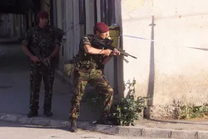 British KFOR paratroopers at the scene where local serb Gunmen in the village of Lipjan