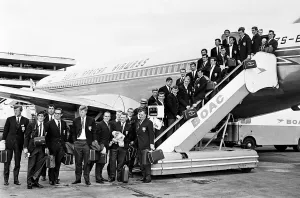 Plane Prints: The British Lions rugby union team pose on the steps of their plane before leaving for