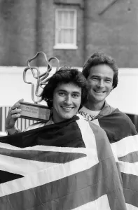 Rider Prints: British Motorcycle road racer Barry Sheene with American cyclist Dave Aldana (left