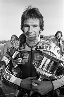 British Motorcycle road racer Barry Sheene celebrates victory for Britain in the AGV