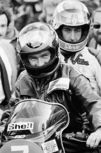 British Motorcycle road racer Barry Sheene at Donington on his first ride since his near