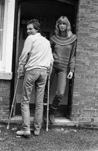 Rider Prints: British Motorcycle road racer Barry Sheene at home with girlfriend Stephanie McLean