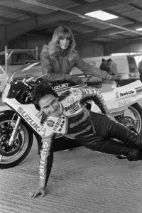 British Motorcycle road racer Barry Sheene with his new Suzuki bike