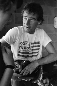 British Motorcycle road racer Barry Sheene at Silverstone race track during practice for