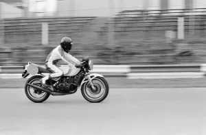British Motorcycle road racer Barry Sheene takes part in his first serious workout with a