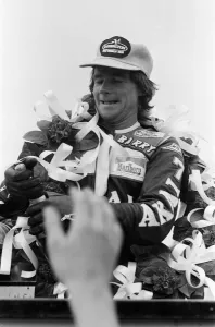 British Motorcycle road racer Barry Sheene wins the 1300 cc Superbike race at Donington