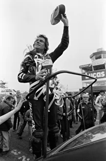 British Motorcycle road racer Barry Sheene wins the 1300 cc Superbike race at Donington