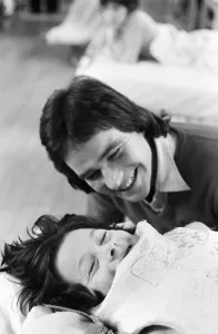 Rider Prints: British Motorcycle road racer Barry Sheene with young fan Tony Vickers who is undergoing