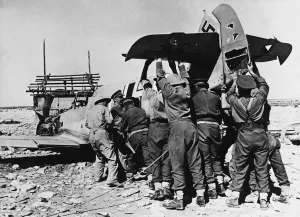 North Africa Prints: British patrol retrieves a crashed ME 109 in Libya during Second World War