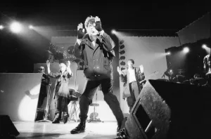 British pop group The Thompson Twins performing on stage during a concert in Oxford