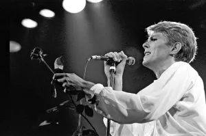 British pop singer David Bowie performing on stage during his concert at Earls court