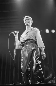 British pop singer David Bowie performing on stage during his concert at Earls court