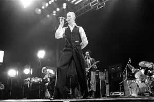 British pop singer David Bowie performing on stage during the first of six concerts