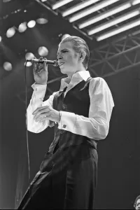 British pop singer David Bowie performing on stage during the first of six concerts